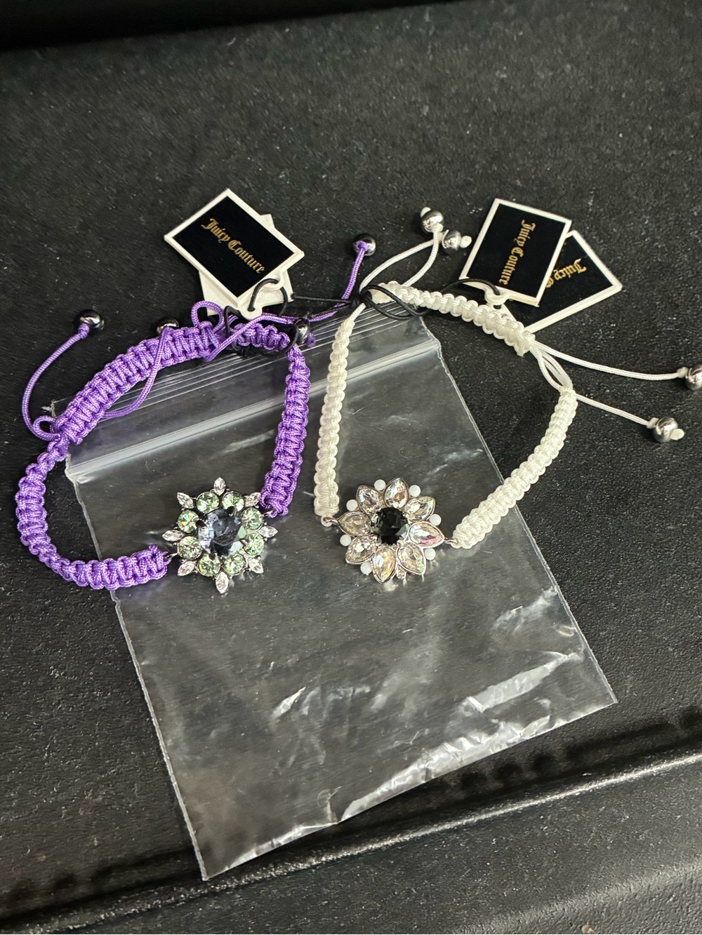 Juicy Couture B-Gem Stone Braided Friendship Bracelets White and Purple Lot Of 2